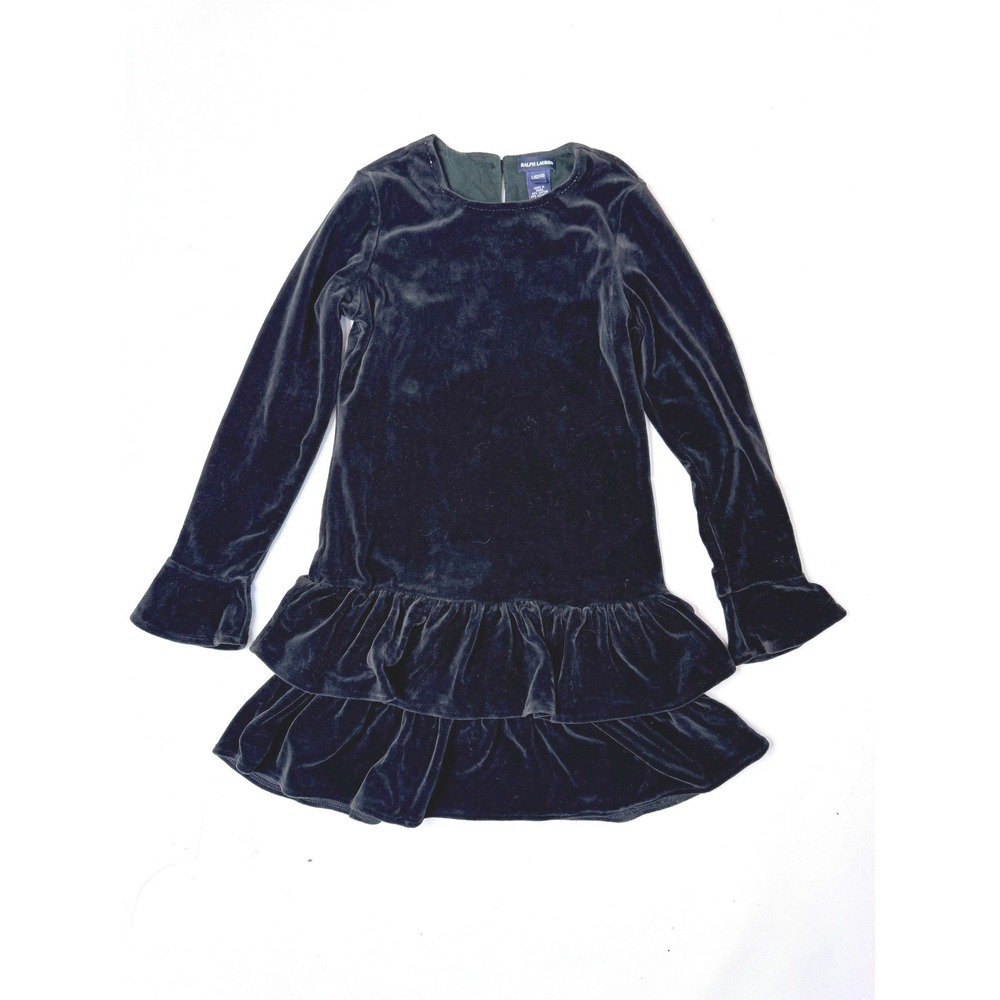 RALPH LAUREN Girls Black Velvet Velour Dress L 12-14 Ruffles Long Sleeve Holiday